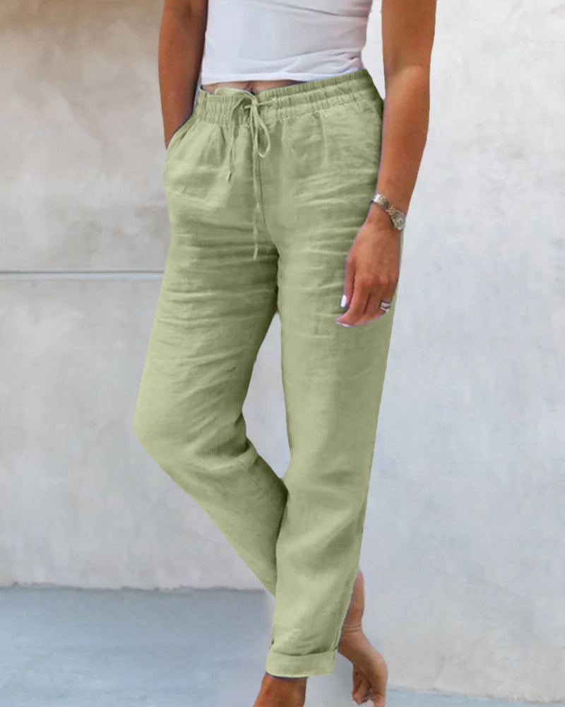Pantalons en lin et coton pour femme — Droits avec taille élastique décontractée&nbsp;