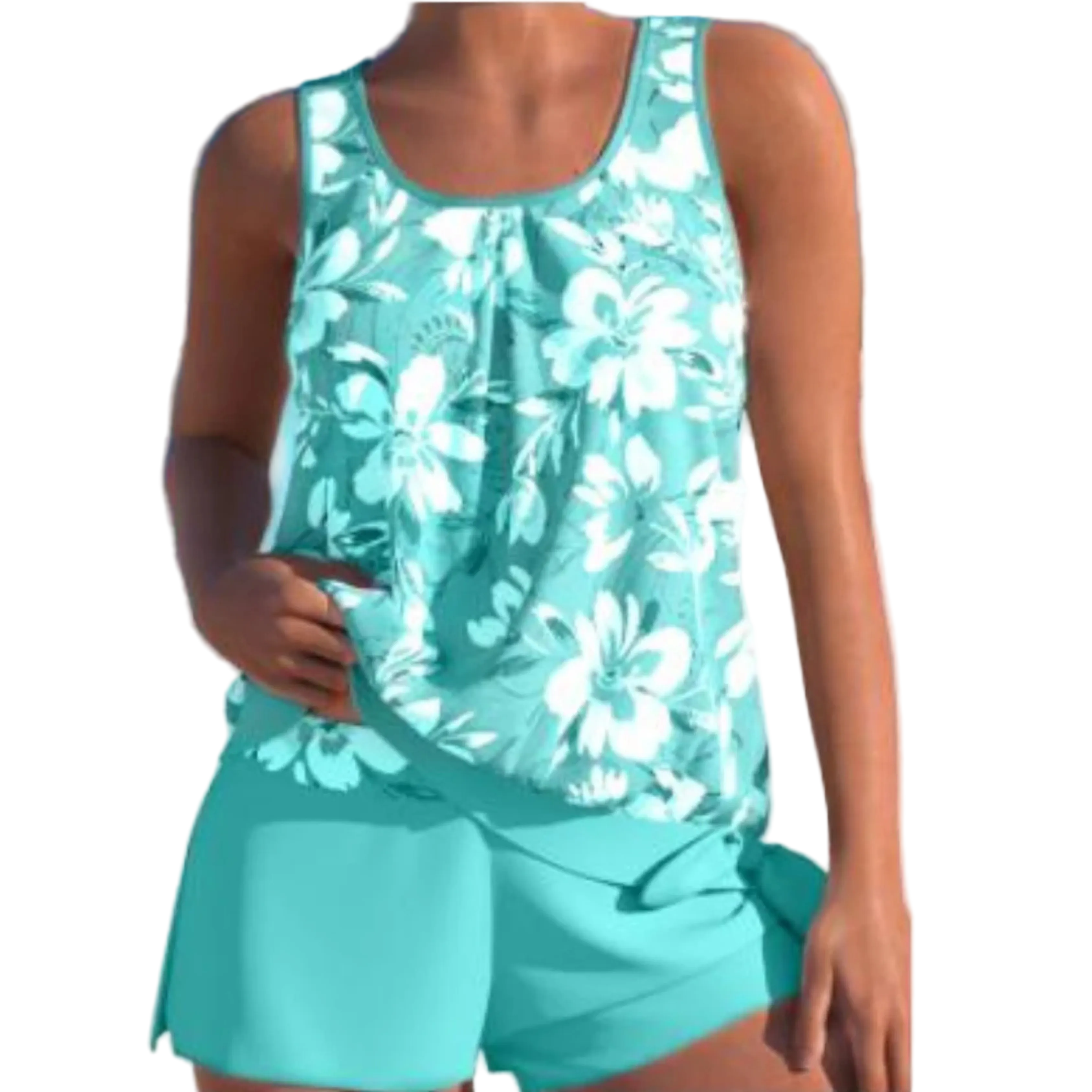 Maillot de Bain Tankini Deux Pièces à Imprimé Floral et Pantalon de Couverture Totale