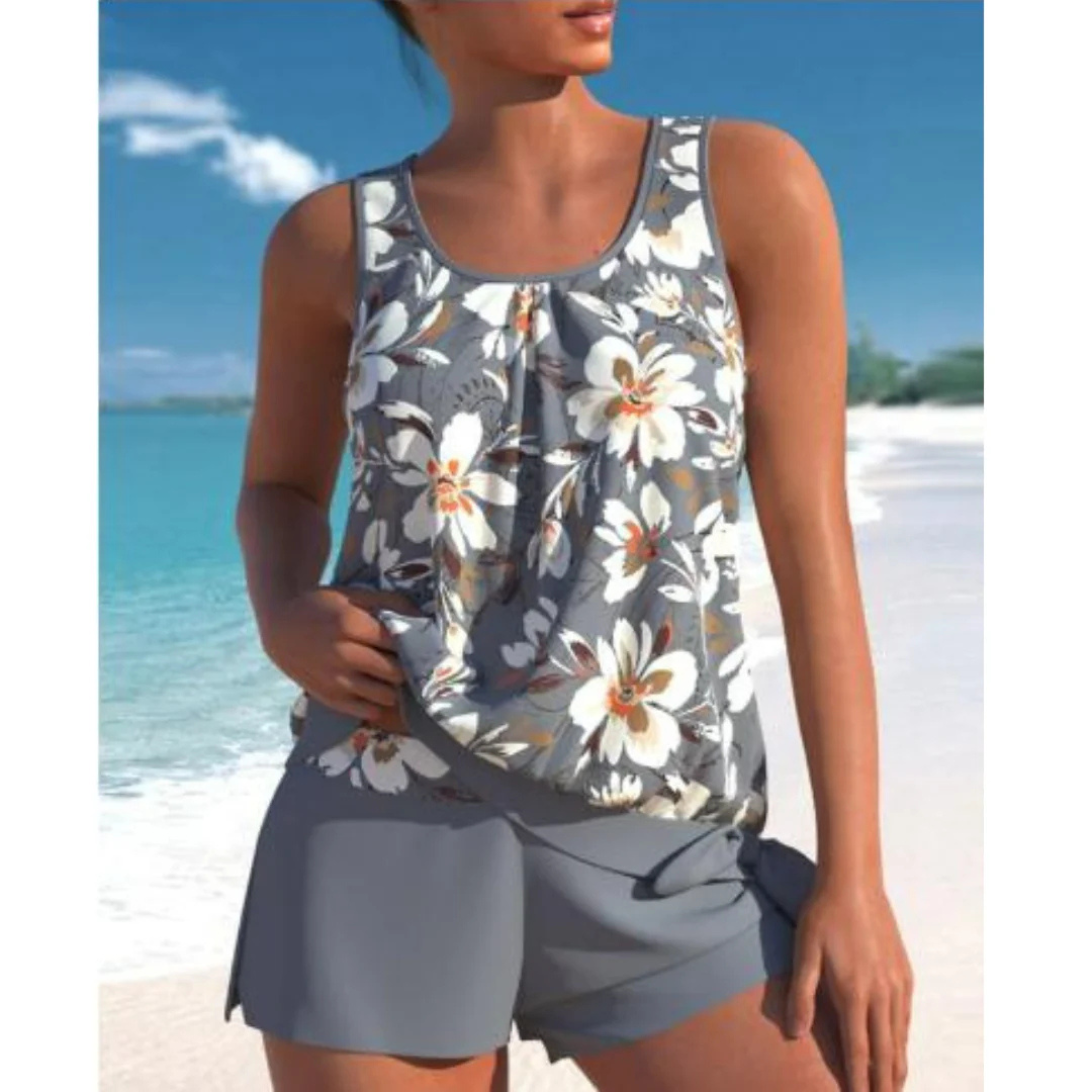 Maillot de Bain Tankini Deux Pièces à Imprimé Floral et Pantalon de Couverture Totale