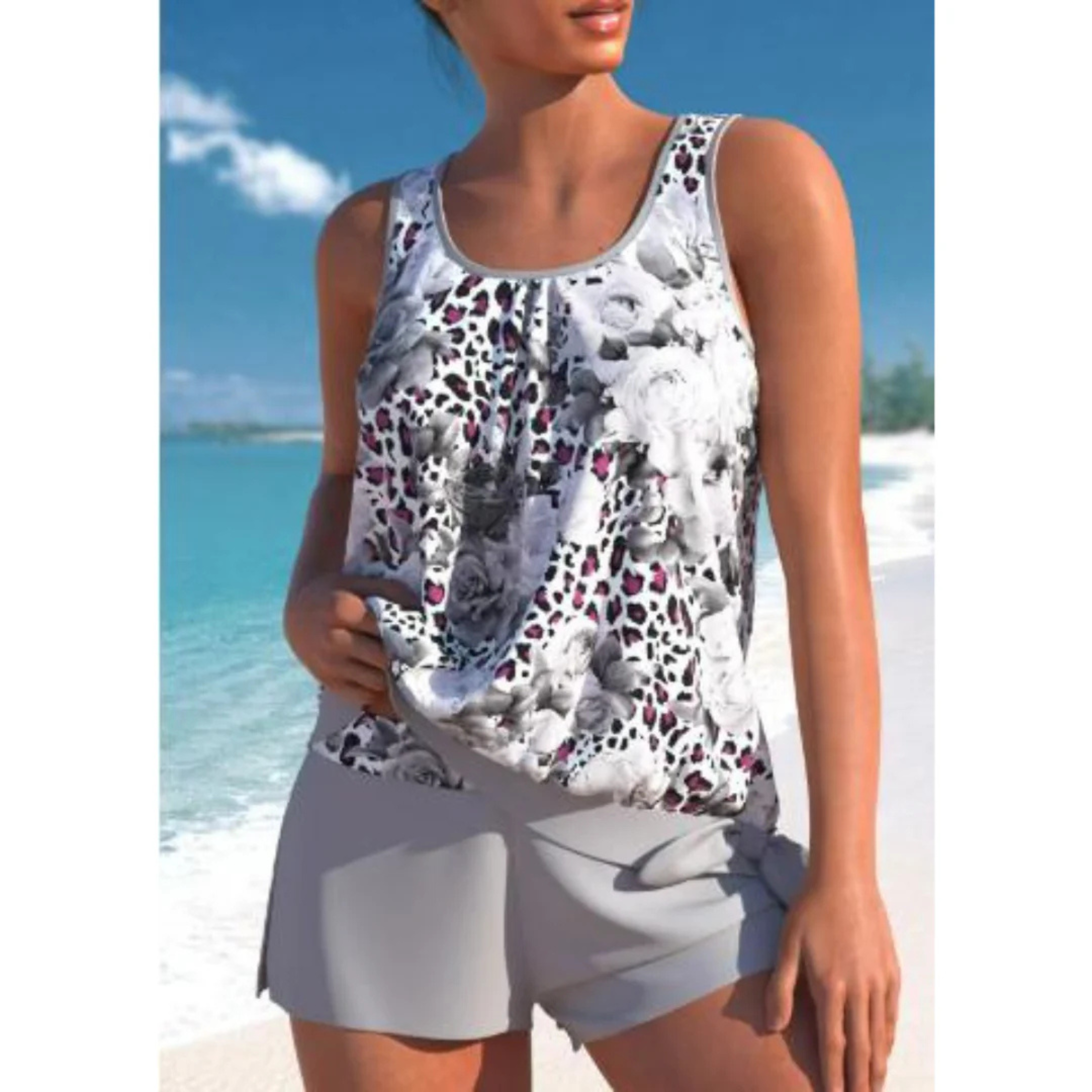 Maillot de Bain Tankini Deux Pièces à Imprimé Floral et Pantalon de Couverture Totale