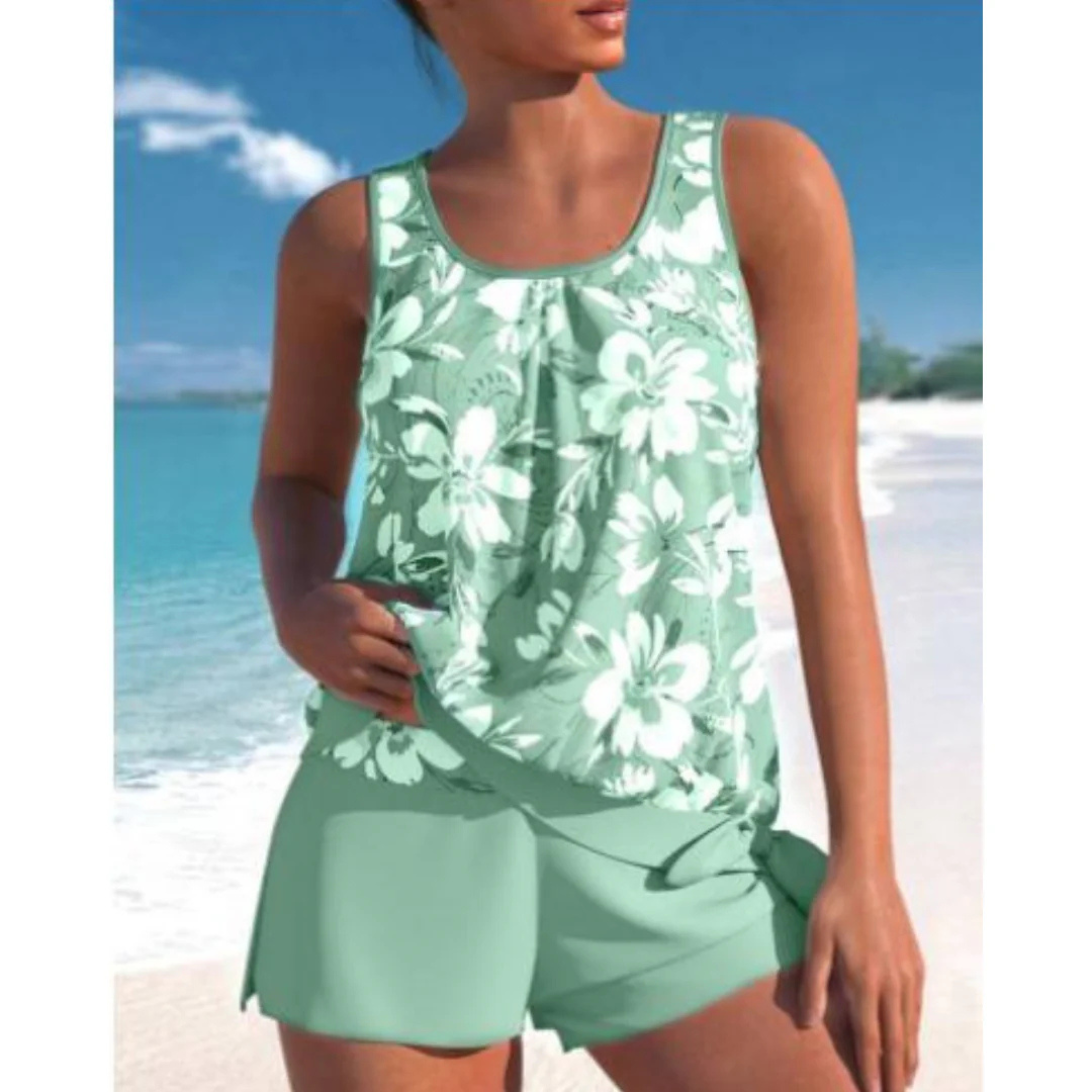 Maillot de Bain Tankini Deux Pièces à Imprimé Floral et Pantalon de Couverture Totale