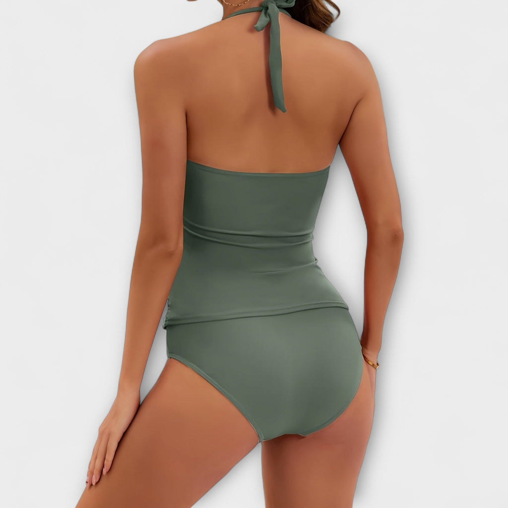 Maillot de Bain Deux Pièces pour Femme avec Col Halter et Détails Métalliques Dorés