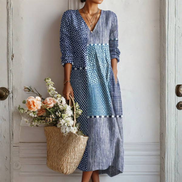 Robe Longue en Lin pour Femme Imprimé Géométrique Rétro avec Poches