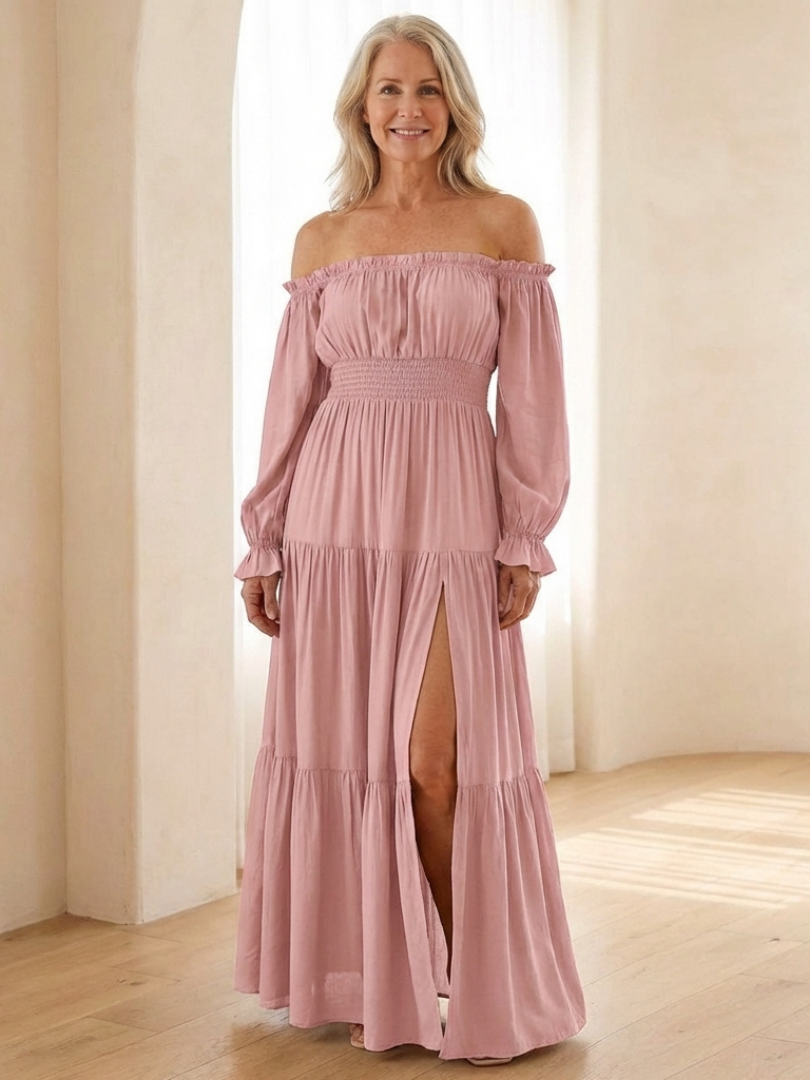 Aveline | Robe Maxi à Manches Longues Off-Shoulder Smockée