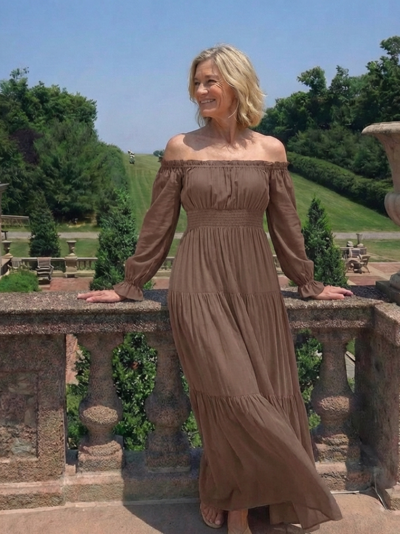 Aveline | Robe Maxi à Manches Longues Off-Shoulder Smockée
