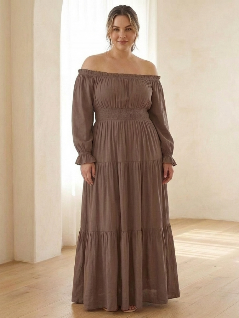Aveline | Robe Maxi à Manches Longues Off-Shoulder Smockée