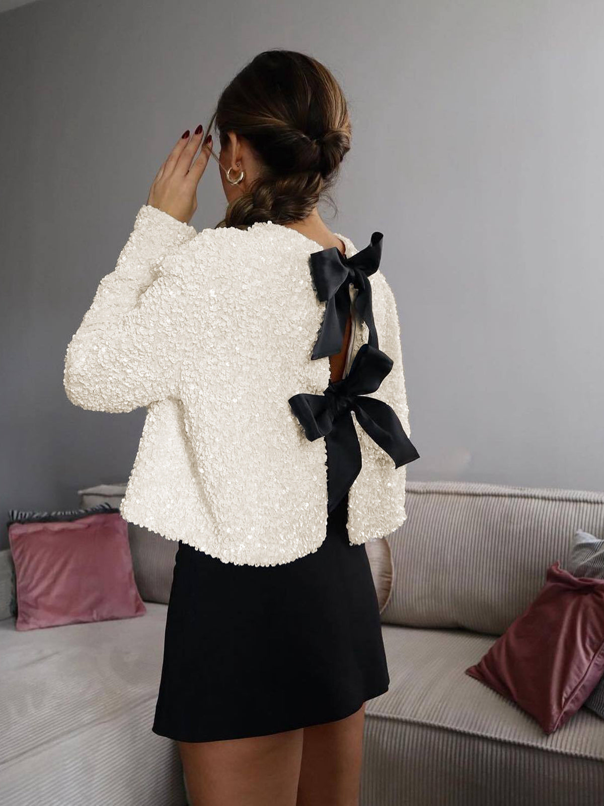 Veste en Sequins Texturée avec Détail en Velours