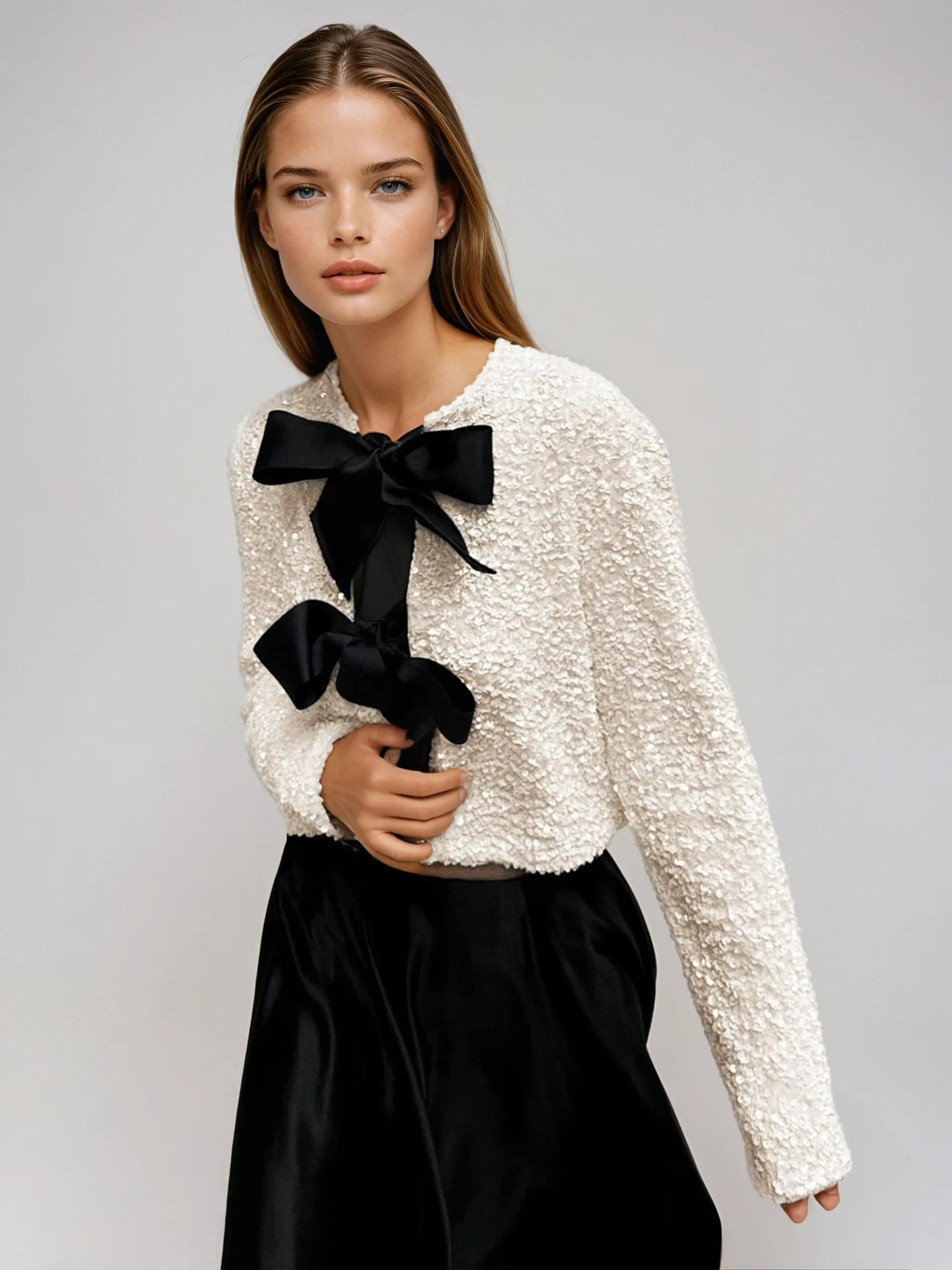 Veste en Sequins Texturée avec Détail en Velours