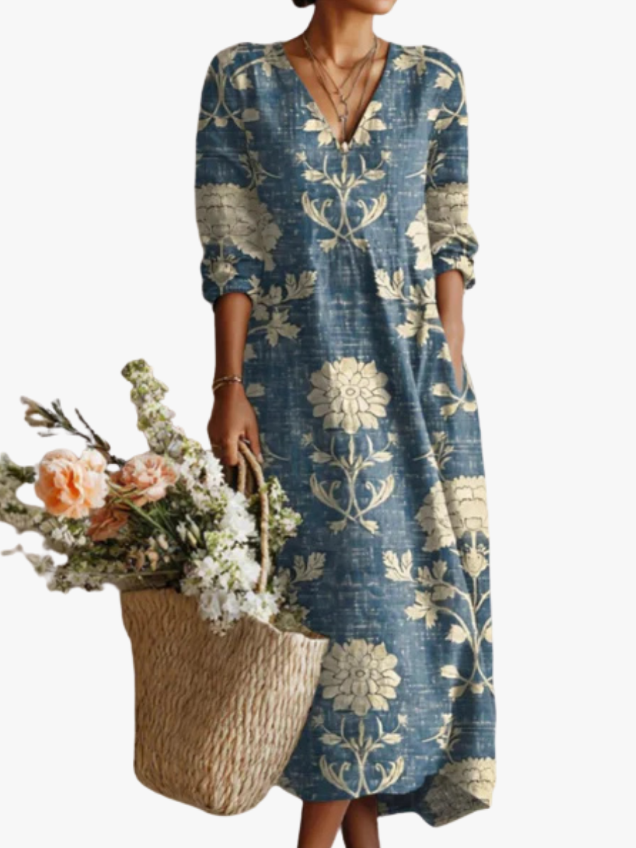 MOREAU LYON | ROBE MIDI EN LIN FLORAL ANCIEN POUR FEMMES