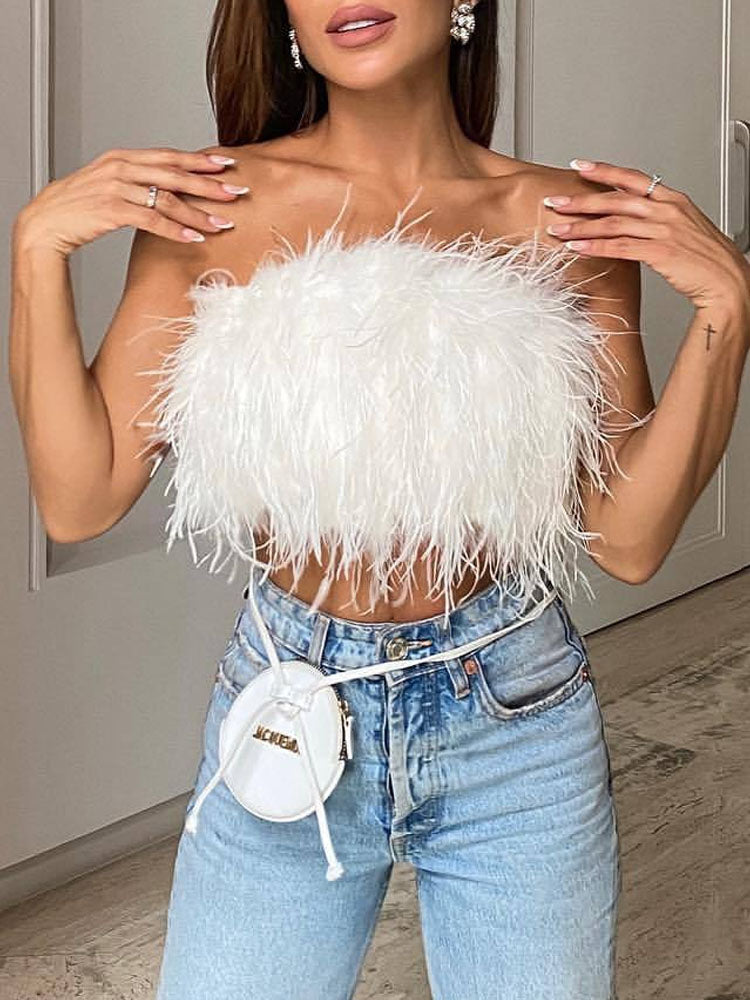 Top sans bretelles avec plumes