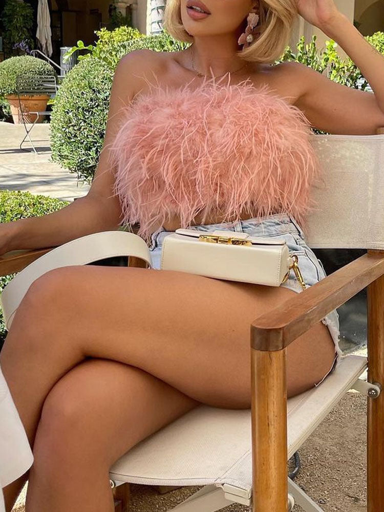 Top sans bretelles avec plumes