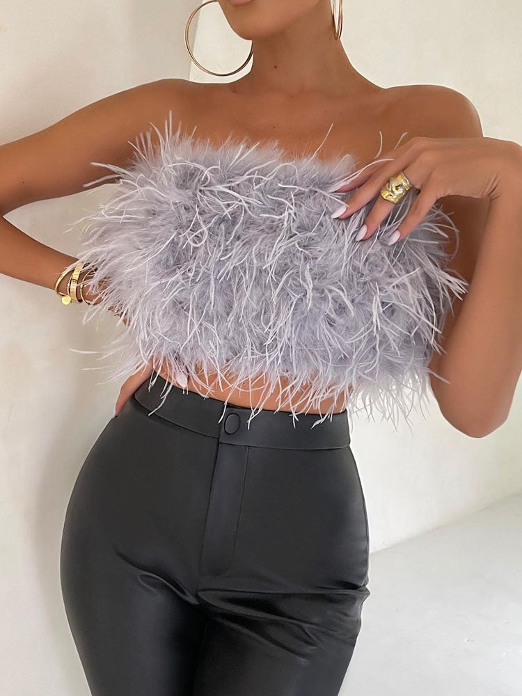 Top sans bretelles avec plumes