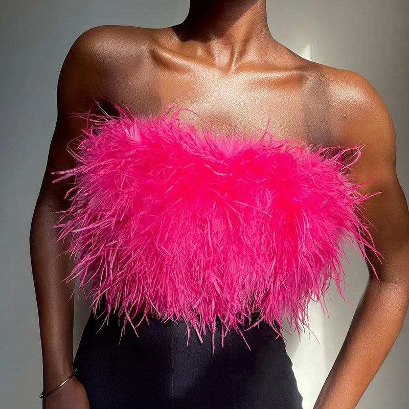 Top sans bretelles avec plumes
