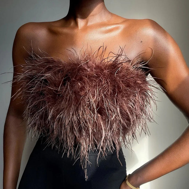 Top sans bretelles avec plumes