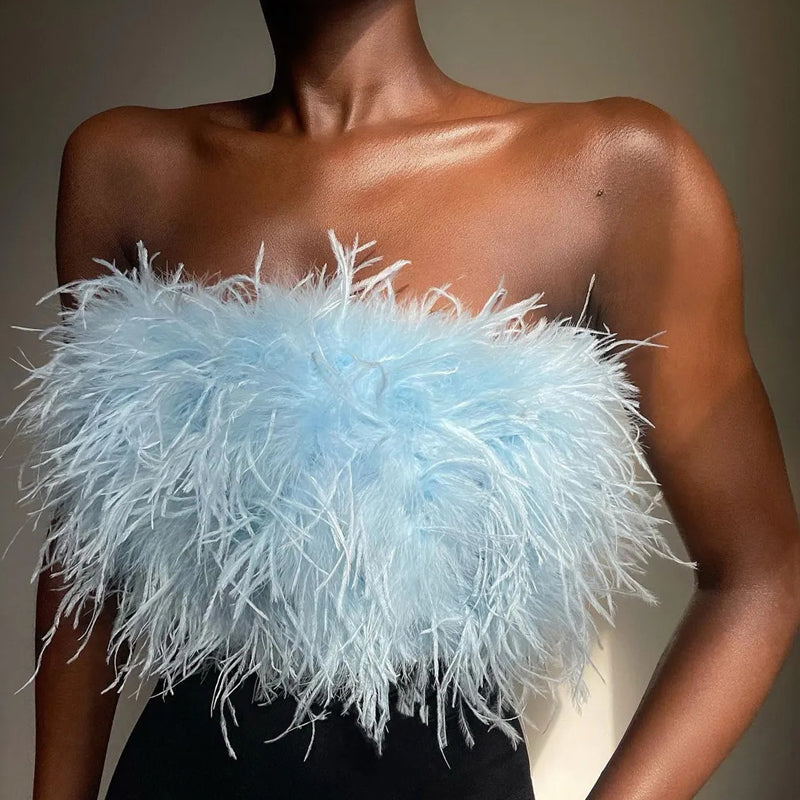 Top sans bretelles avec plumes