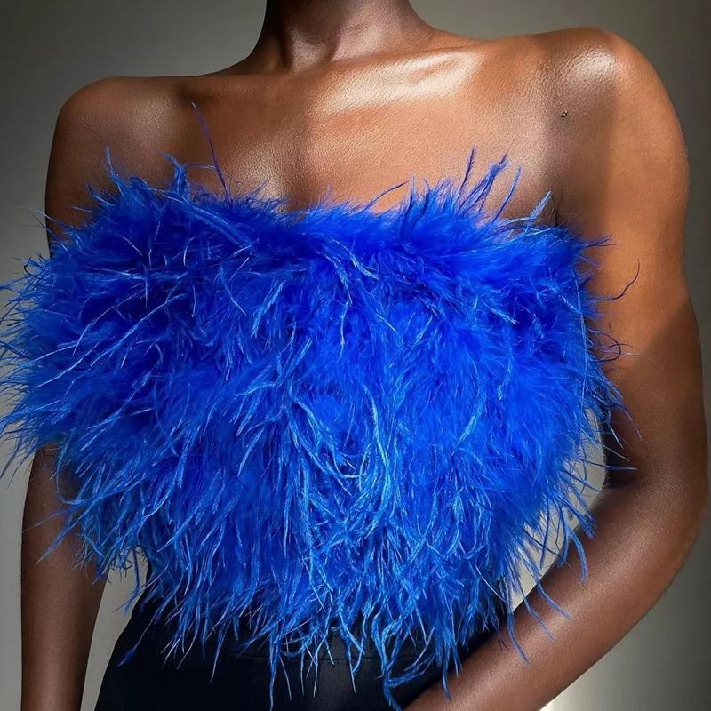 Top sans bretelles avec plumes
