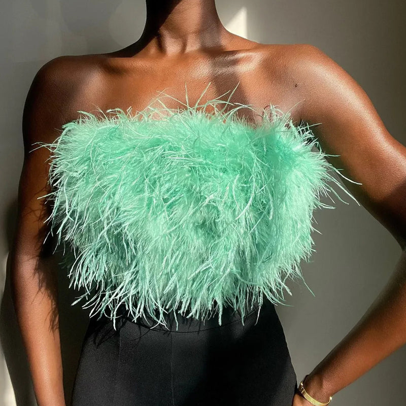 Top sans bretelles avec plumes