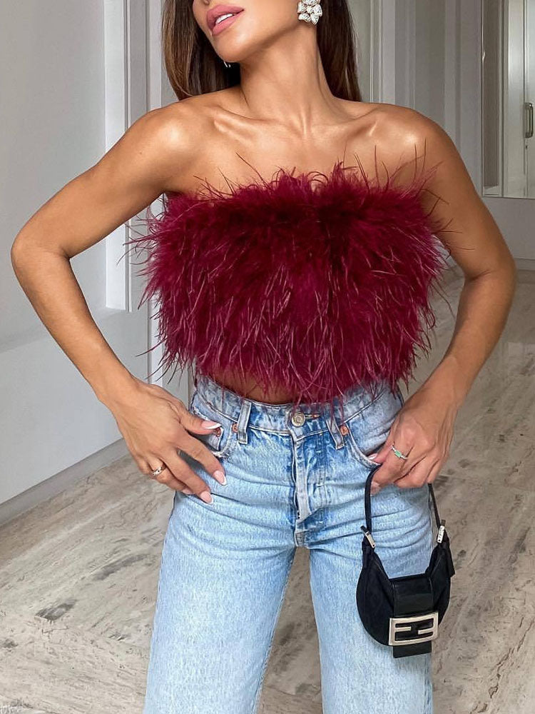 Top sans bretelles avec plumes