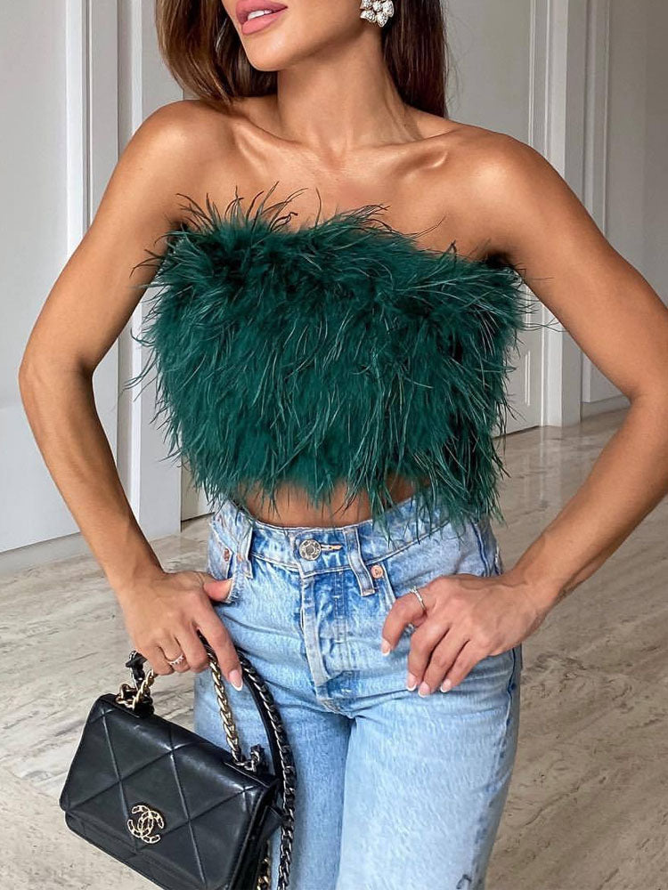 Top sans bretelles avec plumes