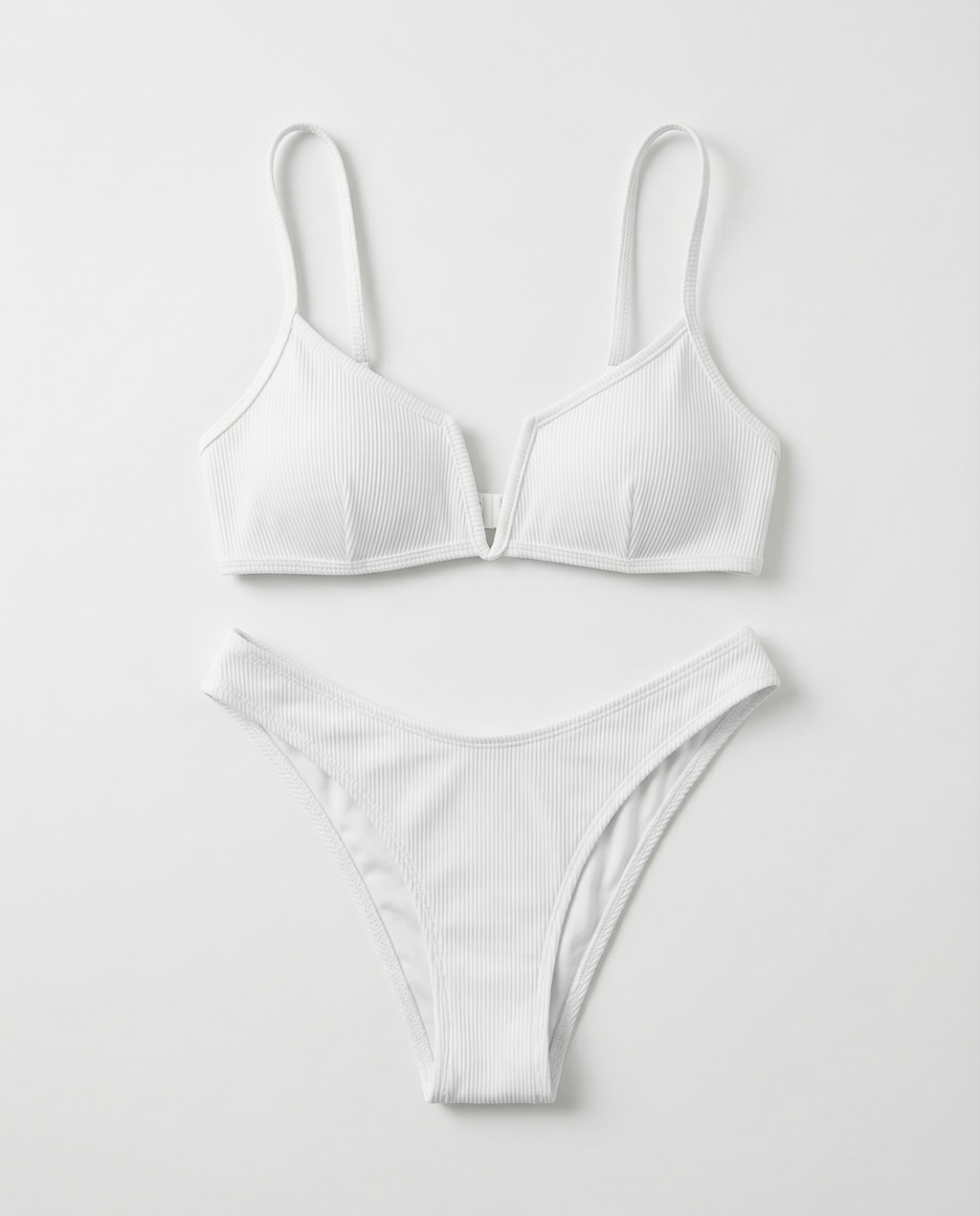 Bikini à Deux Pièces en Tissu Côtelé avec Top Push-Up et Fines Bretelles