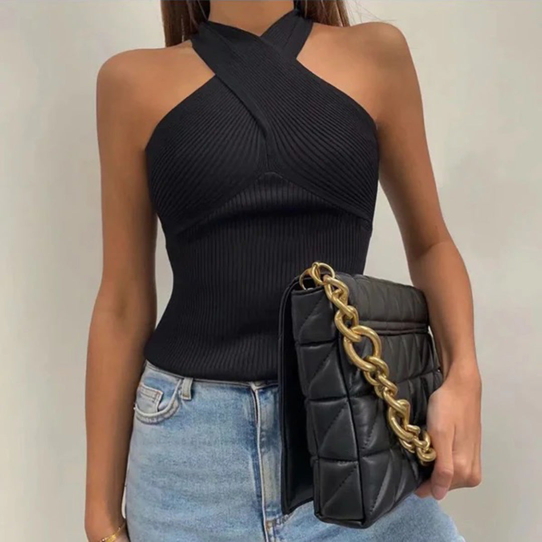 Haut Halter en Maille Côtelée pour Femme avec Design Croisé et Dos Nu