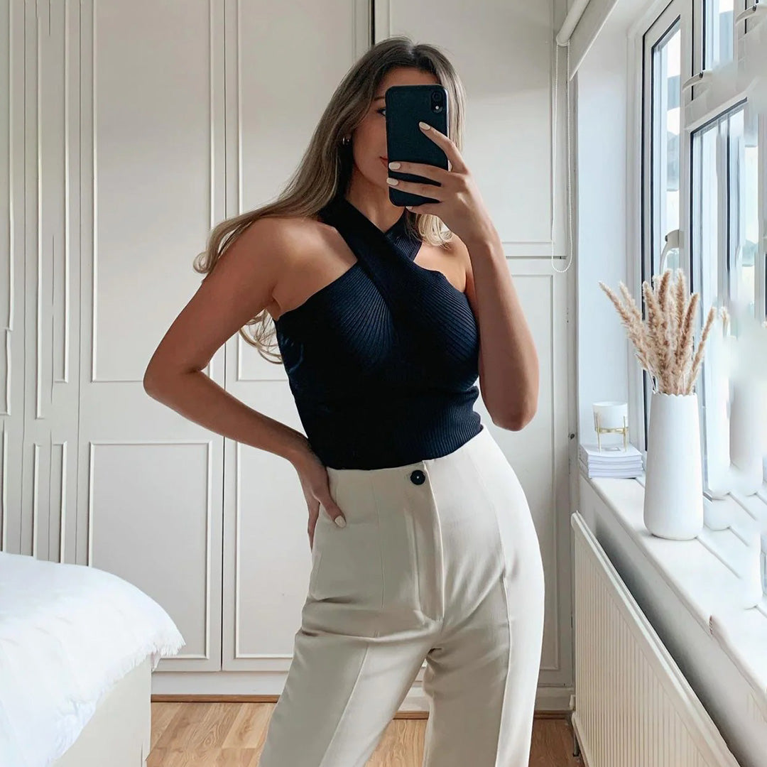 Haut Halter en Maille Côtelée pour Femme avec Design Croisé et Dos Nu