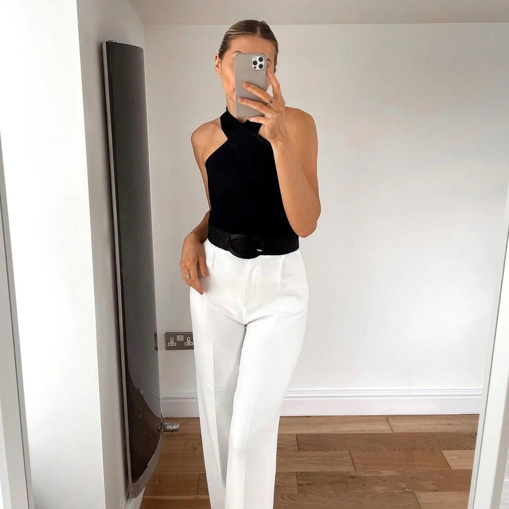 Haut Halter en Maille Côtelée pour Femme avec Design Croisé et Dos Nu