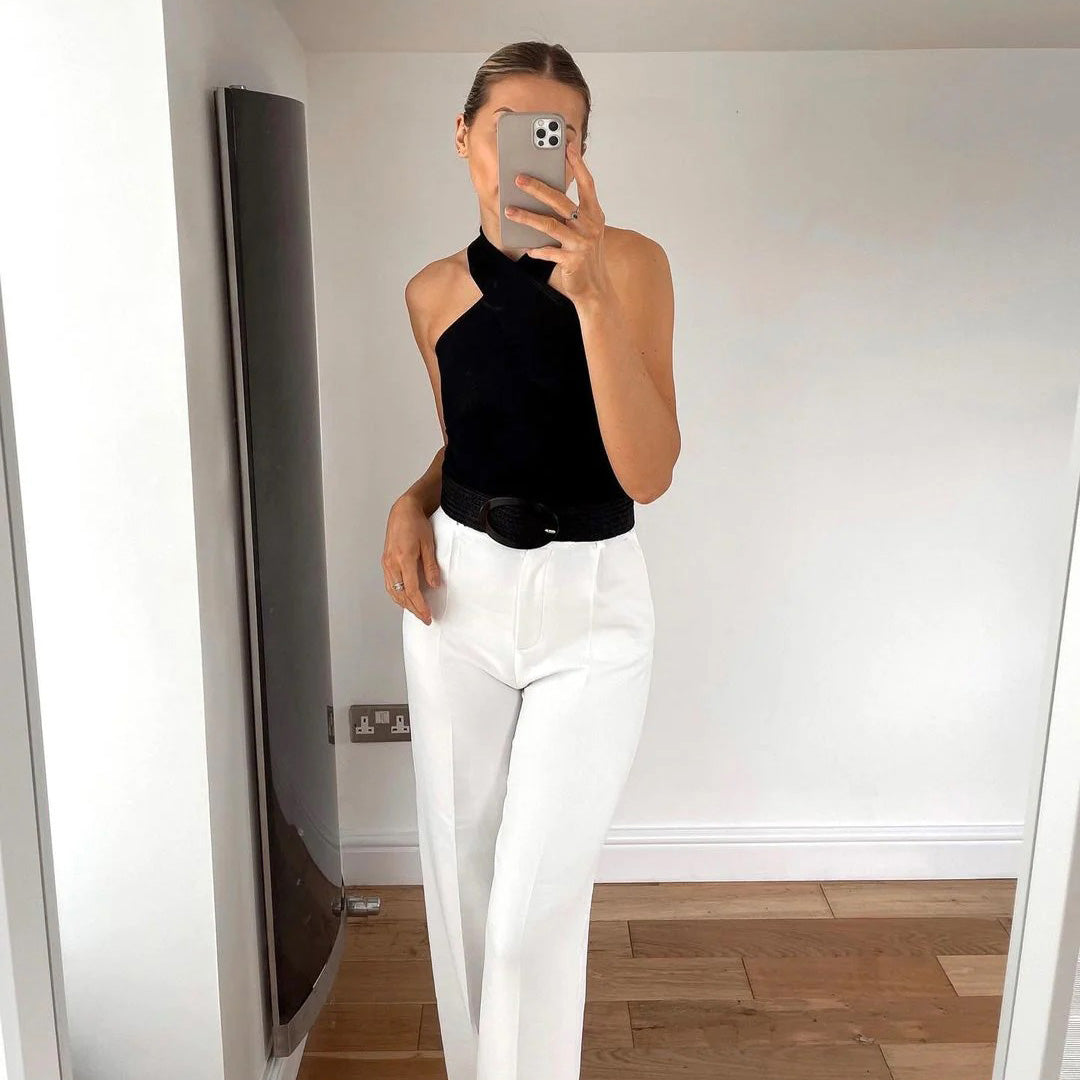 Haut Halter en Maille Côtelée pour Femme avec Design Croisé et Dos Nu