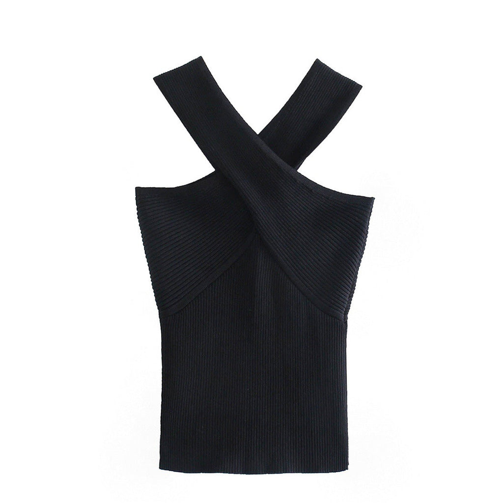 Haut Halter en Maille Côtelée pour Femme avec Design Croisé et Dos Nu