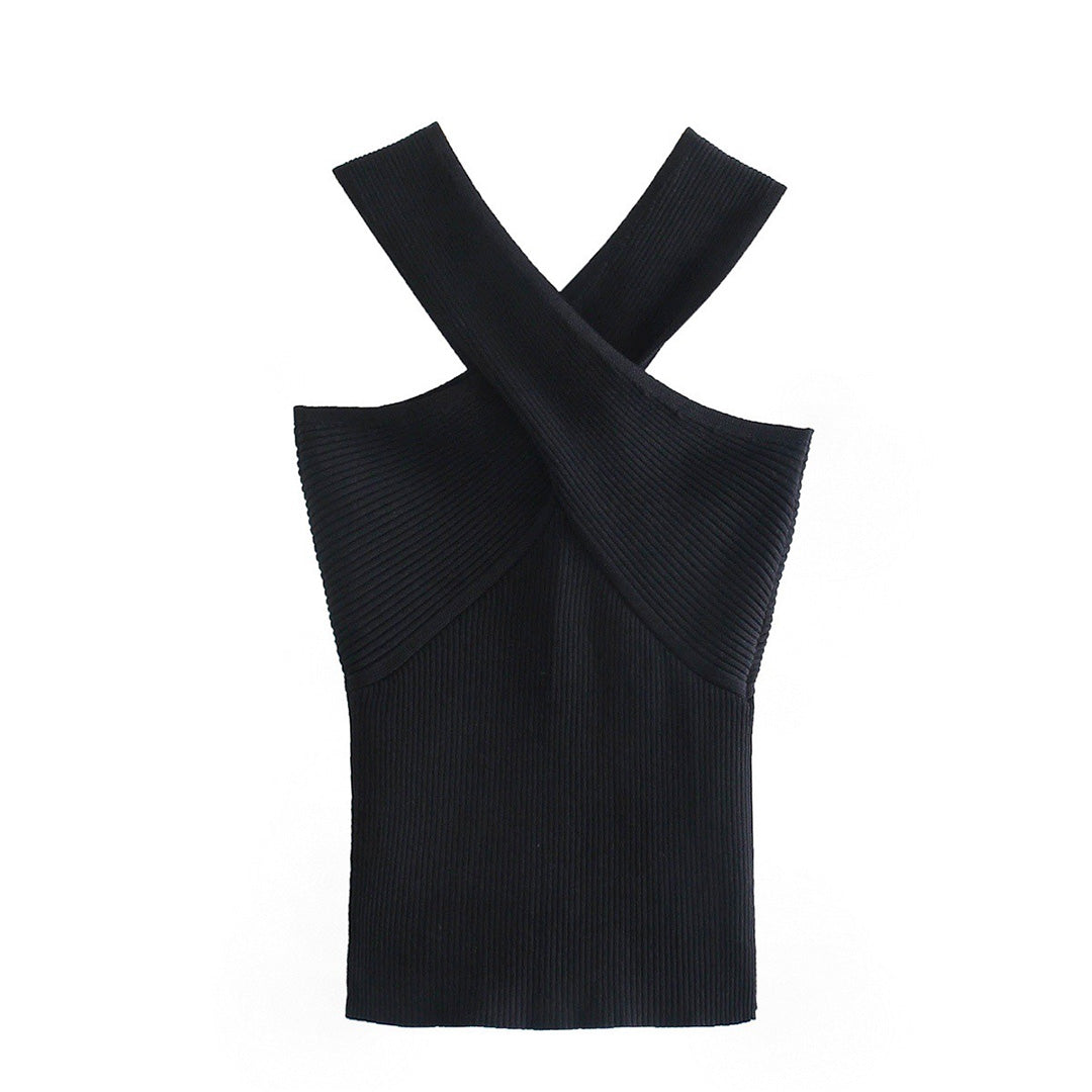 Haut Halter en Maille Côtelée pour Femme avec Design Croisé et Dos Nu