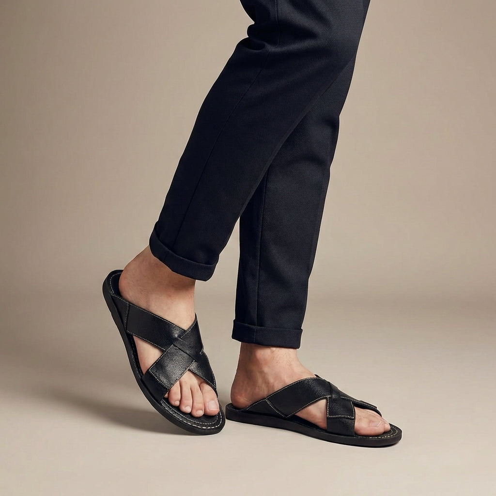 Sandales pour hommes avec des sangles croisées et semelle plate pour un usage quotidien [69 caractères]