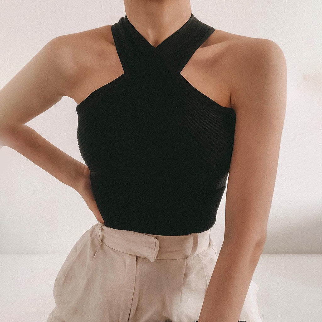 Haut Halter en Maille Côtelée pour Femme avec Design Croisé et Dos Nu