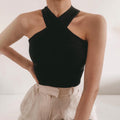 Haut Halter en Maille Côtelée pour Femme avec Design Croisé et Dos Nu