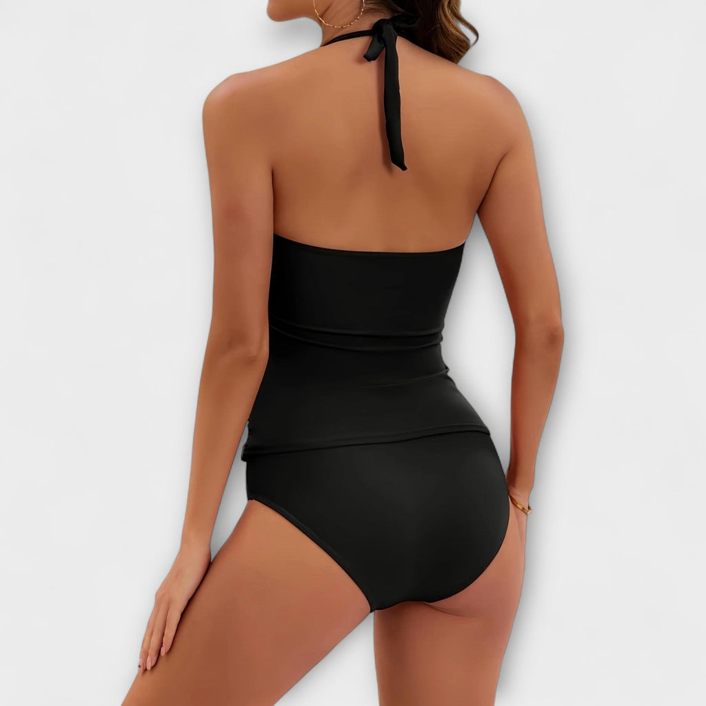 Maillot de Bain Deux Pièces pour Femme avec Col Halter et Détails Métalliques Dorés
