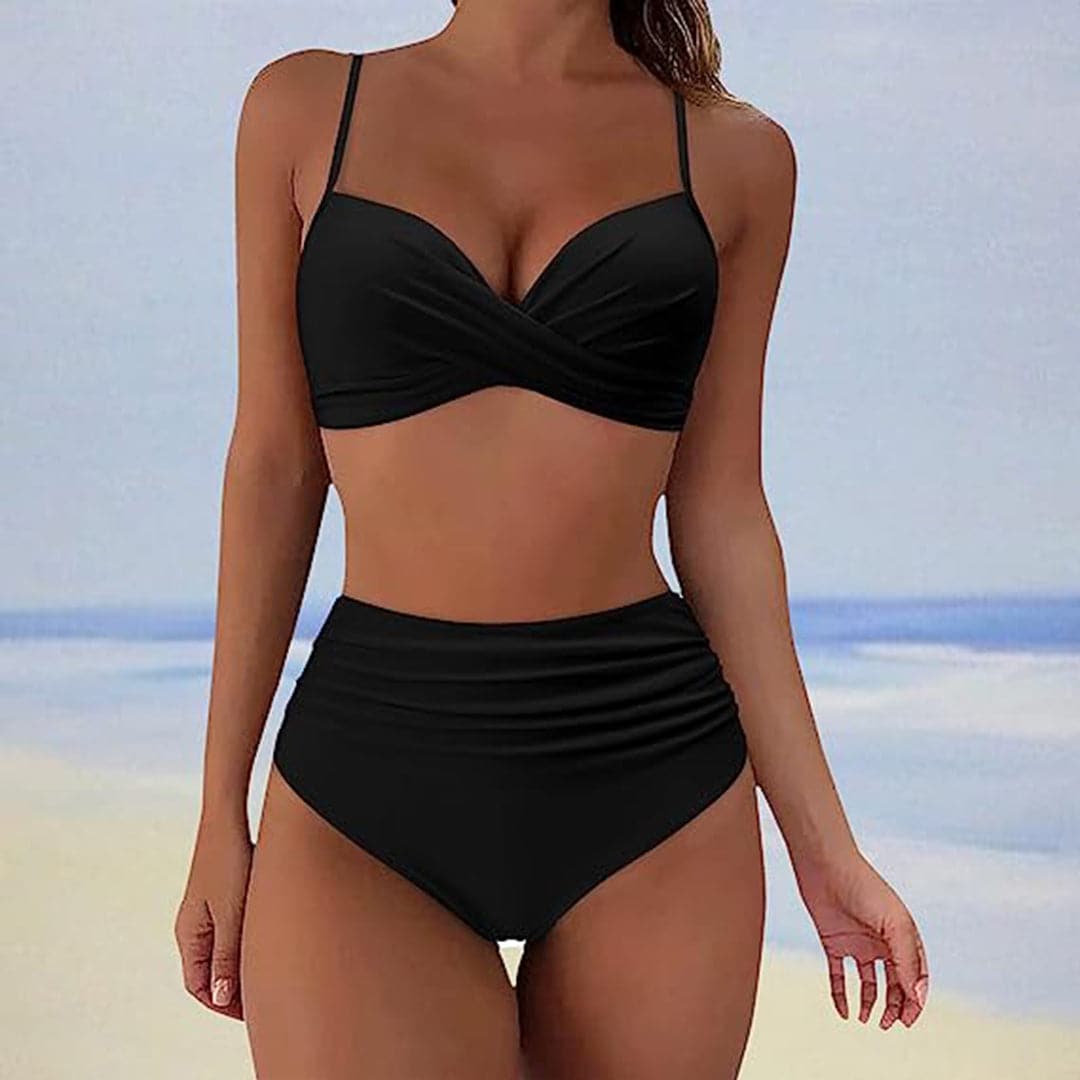 Bikini Taille Haute avec Top Croisé à l'Avant et Côtés Froncés