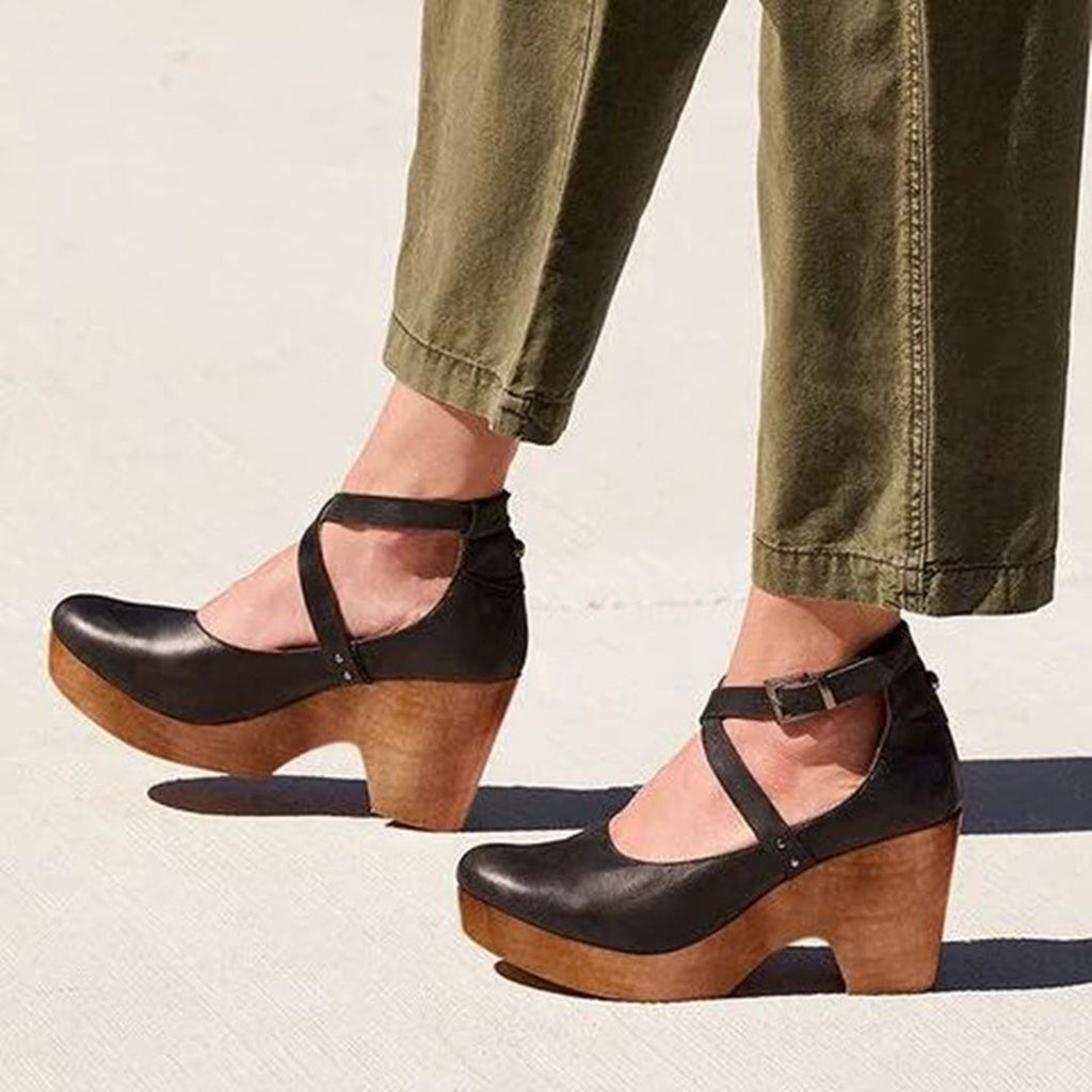 Chaussures à Talons Wedge à Bout Fermé et Sangle Ajustable au Cheville pour Femme