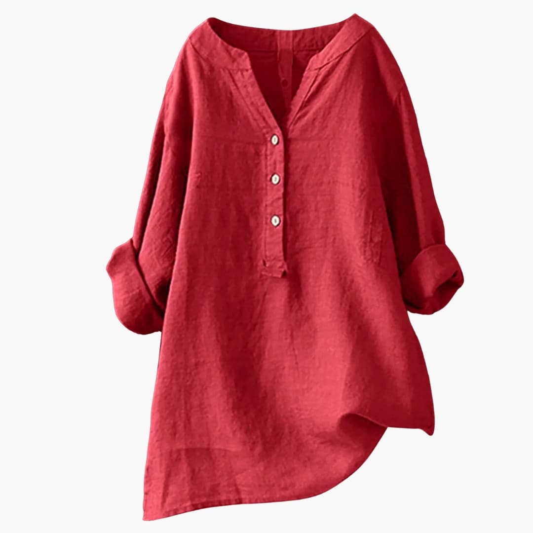 Blouse en lin pour femme à manches longues avec col en V et boutons décontractée ample