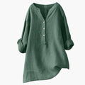 Blouse en lin pour femme à manches longues avec col en V et boutons décontractée ample