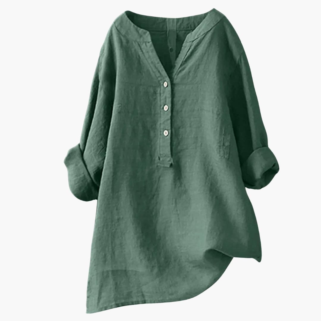 Blouse en lin pour femme à manches longues avec col en V et boutons décontractée ample