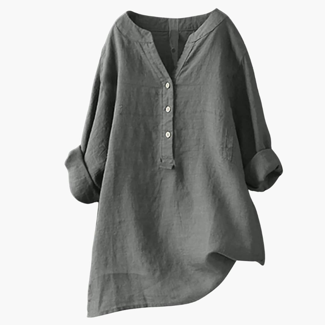 Blouse en lin pour femme à manches longues avec col en V et boutons décontractée ample