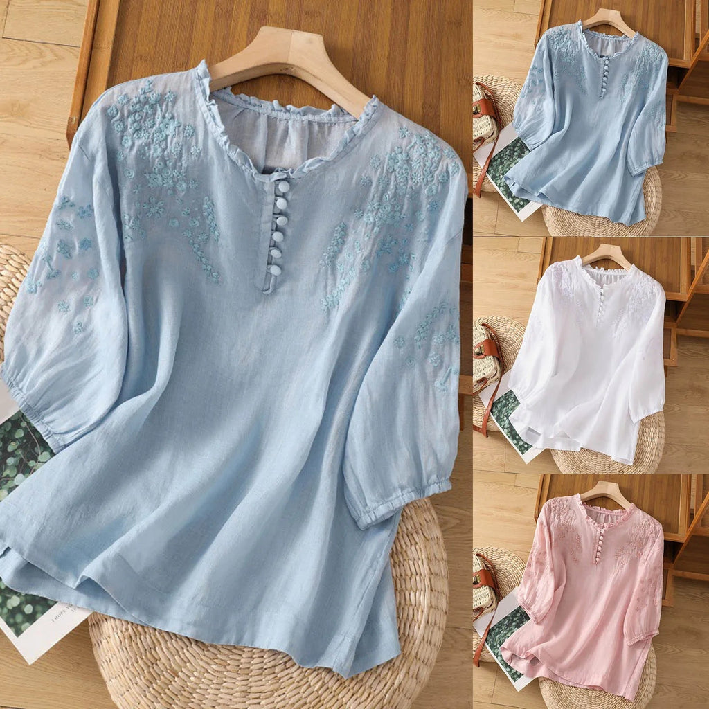 Blouse Femme à Volants avec Motif Floral | Boutons Décoratifs & Confort Aéré