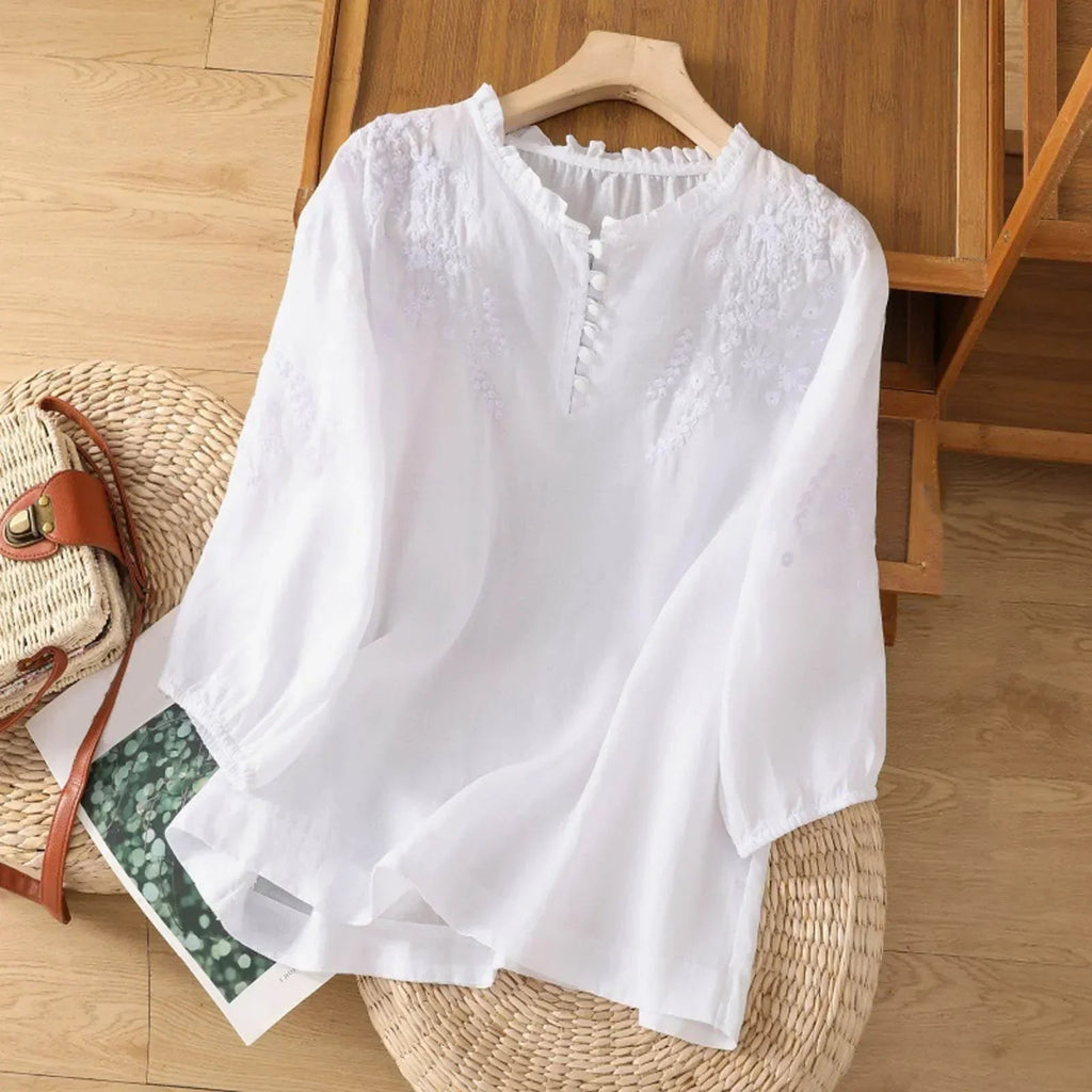 Blouse Femme à Volants avec Motif Floral | Boutons Décoratifs & Confort Aéré