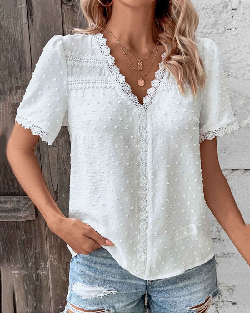 Blouse Femme | Boho Décolleté en V, Dentelle & Motif à Pois