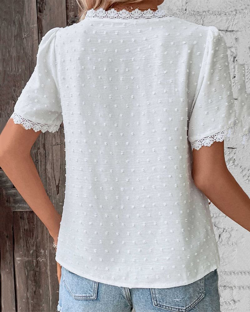 Blouse Femme | Boho Décolleté en V, Dentelle & Motif à Pois