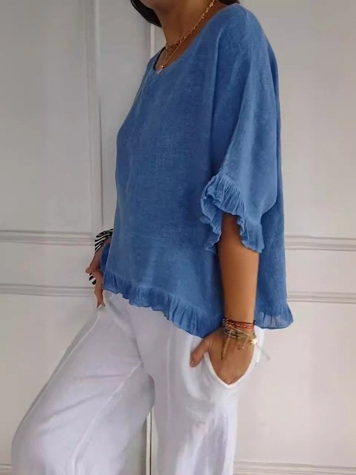Blouse Femme | Casual Élégant avec Ourlet Volanté & Col Rond