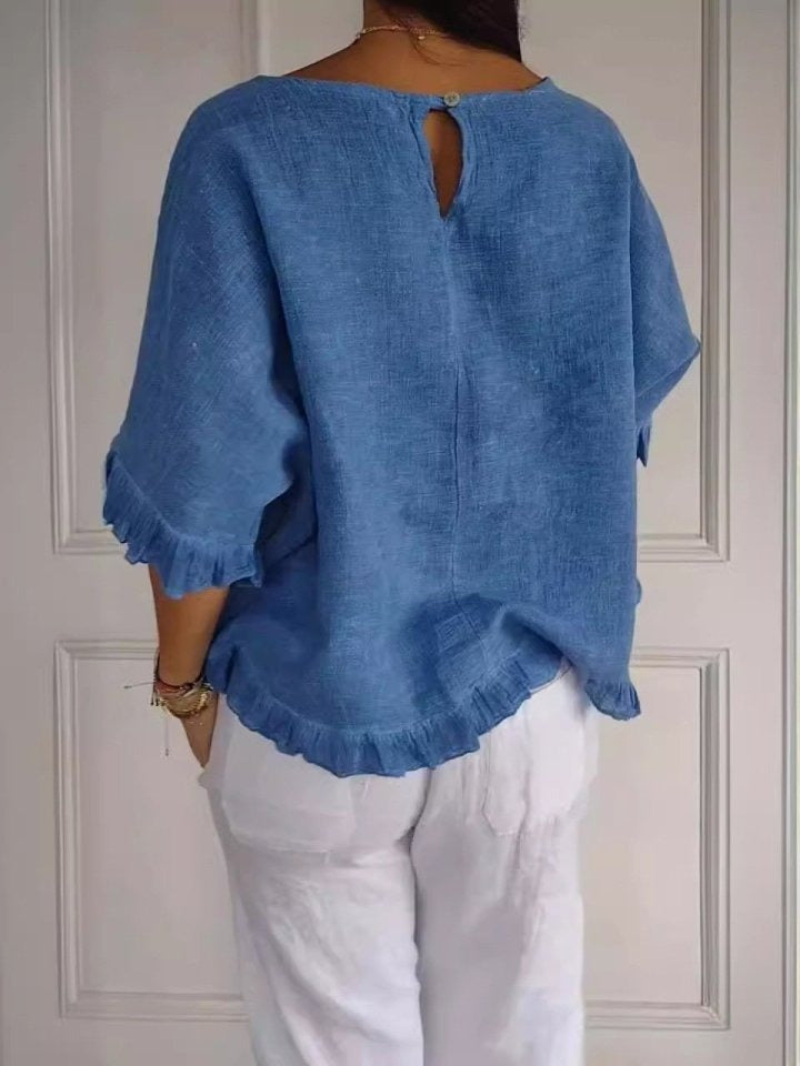 Blouse Femme | Casual Élégant avec Ourlet Volanté & Col Rond
