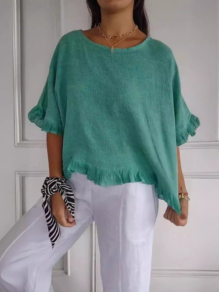 Blouse Femme | Casual Élégant avec Ourlet Volanté & Col Rond