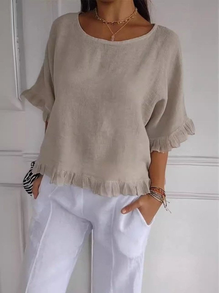 Blouse Femme | Casual Élégant avec Ourlet Volanté & Col Rond