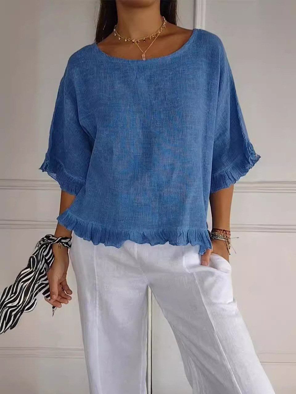 Blouse Femme | Casual Élégant avec Ourlet Volanté & Col Rond