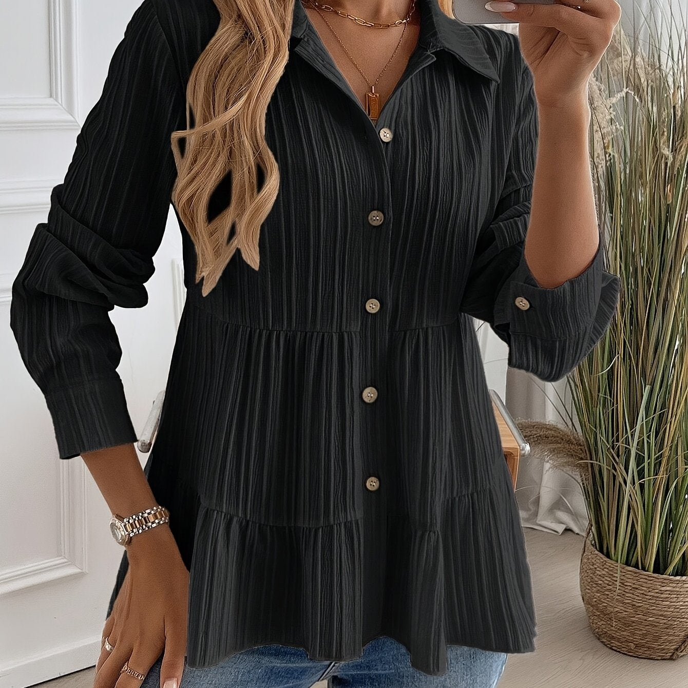 Blouse Femme | Élégante Cintrée avec Jupe à Volants & Boutonnière